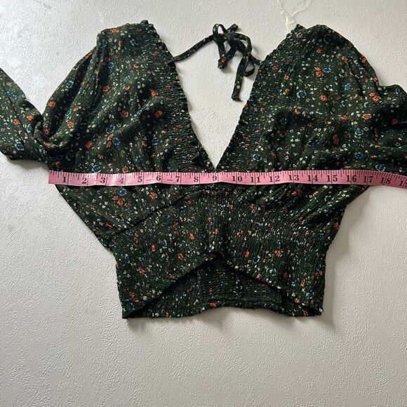 Windsor Floral Smocked Long Sleeve Crop Top | Deep V-Neck Open Back Tie | Size M - Picture 4 of 6